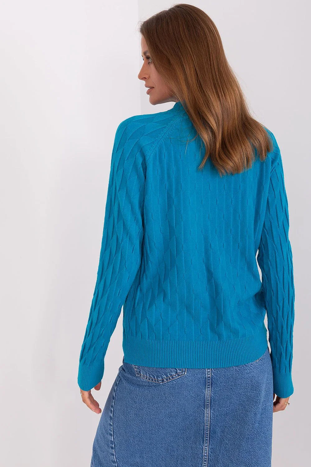 Chandail femme tricot maille texture losange bleu vif manches longues col rond confortable polyester durable