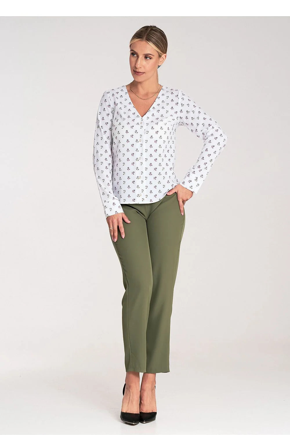 chemisier manches longues floral imprimé femme coupe ajustée col V boutonné léger fluide polyester élasthanne blanc bordeaux vert élégant bureau