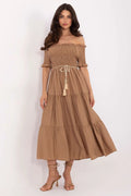 Robe bohème élégante manches courtes col Bardot ceinture tressée couleur brun clair femme occasionnels