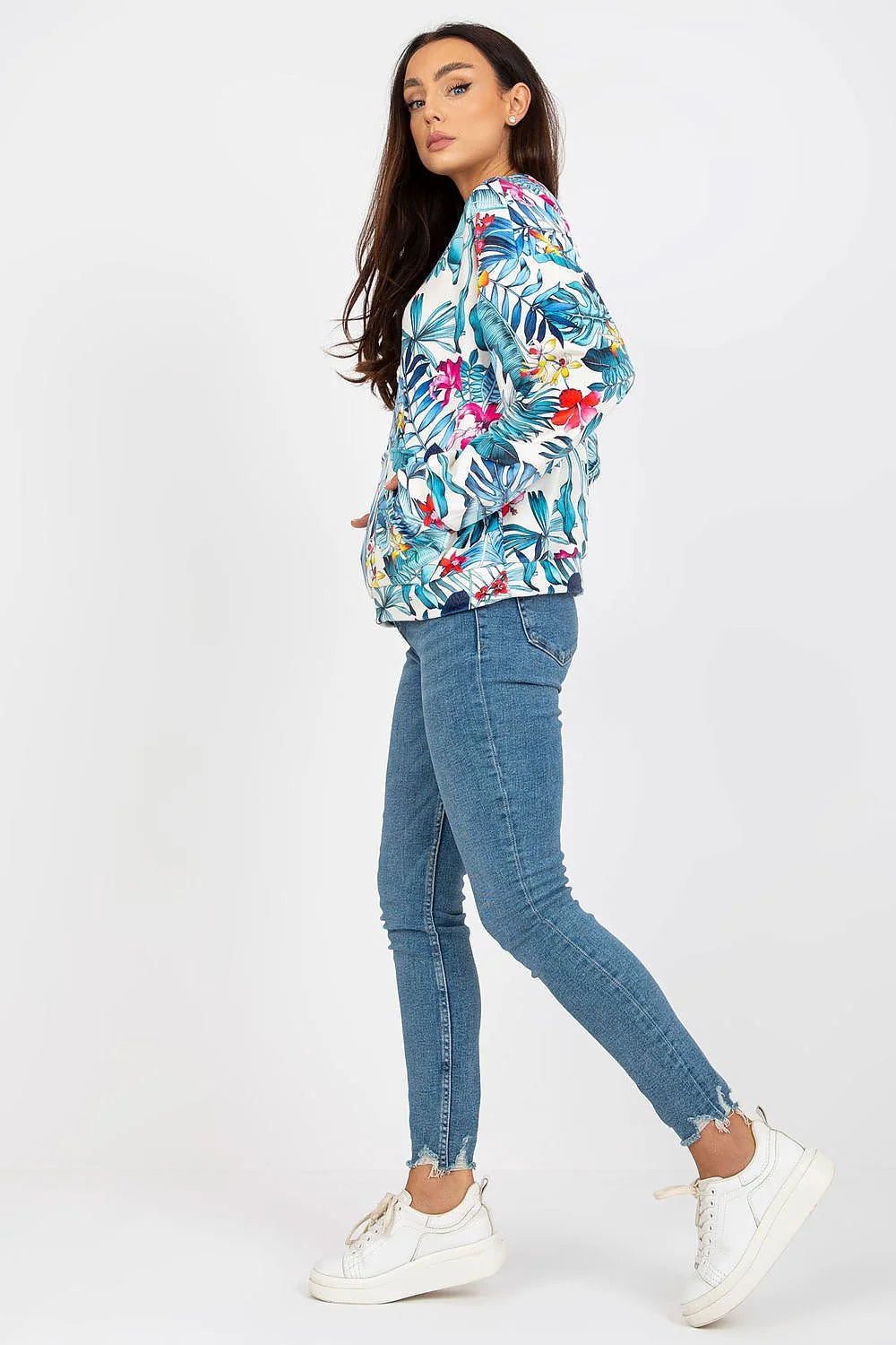 Sweatshirt Rue Paris floral tropical femme manches longues encolure ronde poche kangourou elasthanne viscose