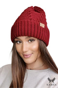 Bonnet d'hiver pour femme en maille épaisse motif torsadé couleur bordeaux élégant et confortable