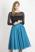 Tenue élégante femme haut jersey noir manches tulle jupe IVON bleu vif moderne chic