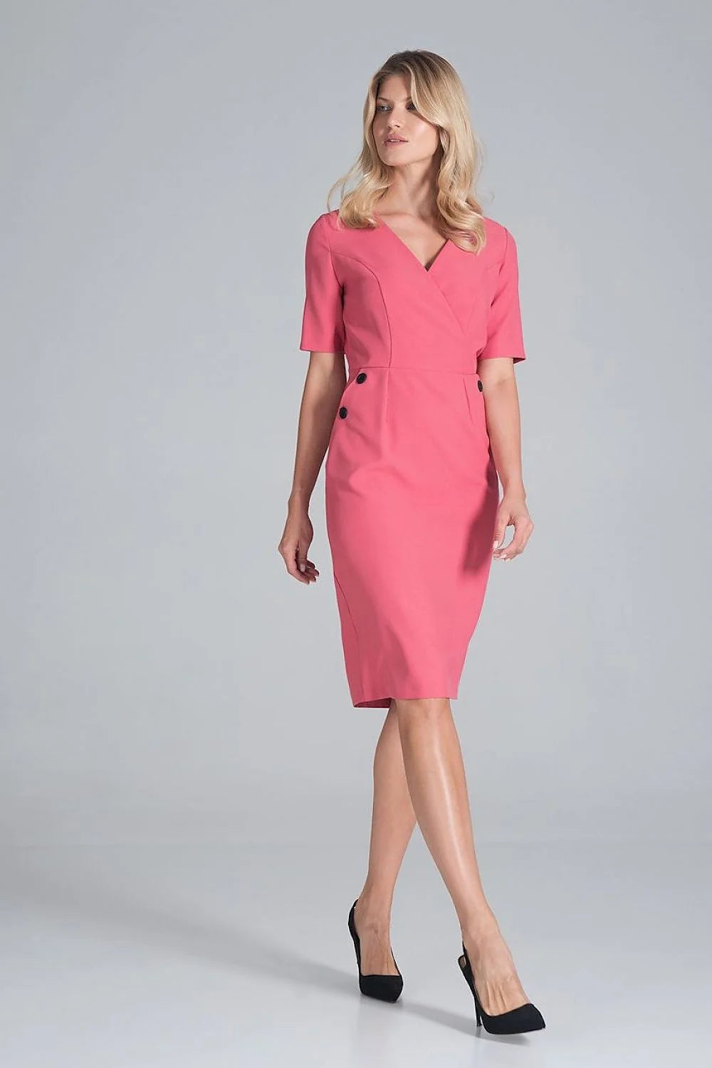 Robe élégante bleu marine polyester manches courtes col V ajustée professionnelle femme mode chic