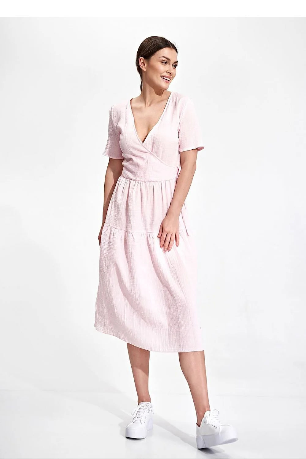 Robe de jour élégante été manches courtes encolure enveloppante coton 100 % taille ajustable femme
