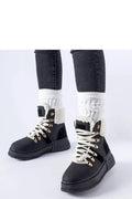 Bottes urbaines hiver femmes style moderne cuir synthétique noir fourrure blanche lacets blancs dorés haute cheville