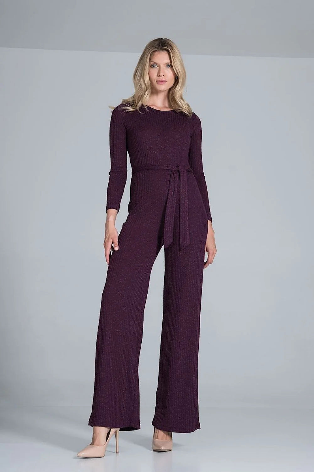 Combinaison élégante maille côtelée bordeaux moderne ajustable manches longues jambes larges ceinture assortie femme
