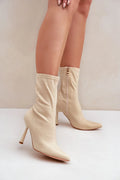 Bottes à talons stiletto pointues en simili cuir beige clair pour femme, style moderne, confortable, fermeture éclair latérale, hauteur de tige 19 cm, talon 9 cm