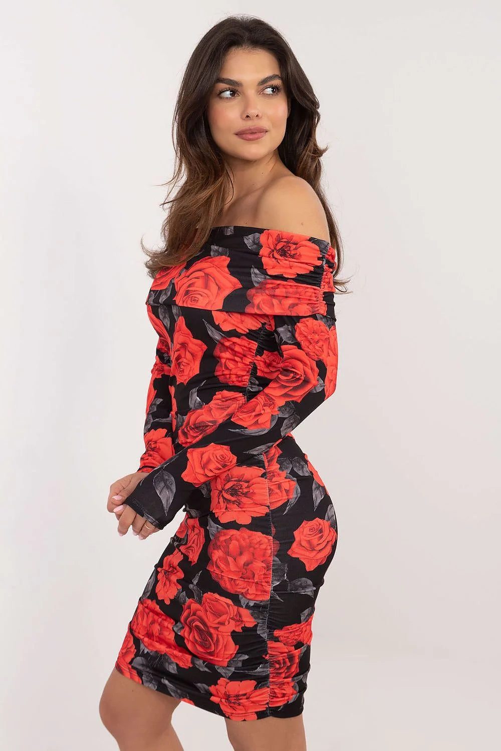 Robe de soirée élégante imprimé floral audacieux longueur genou manches longues épaules nues polyester élasthanne