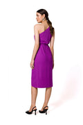Robe de cocktail Makover asymétrique une épaule violet vif elasthanne polyester coupe midi ceinture intégrée silhouette flatteuse femme