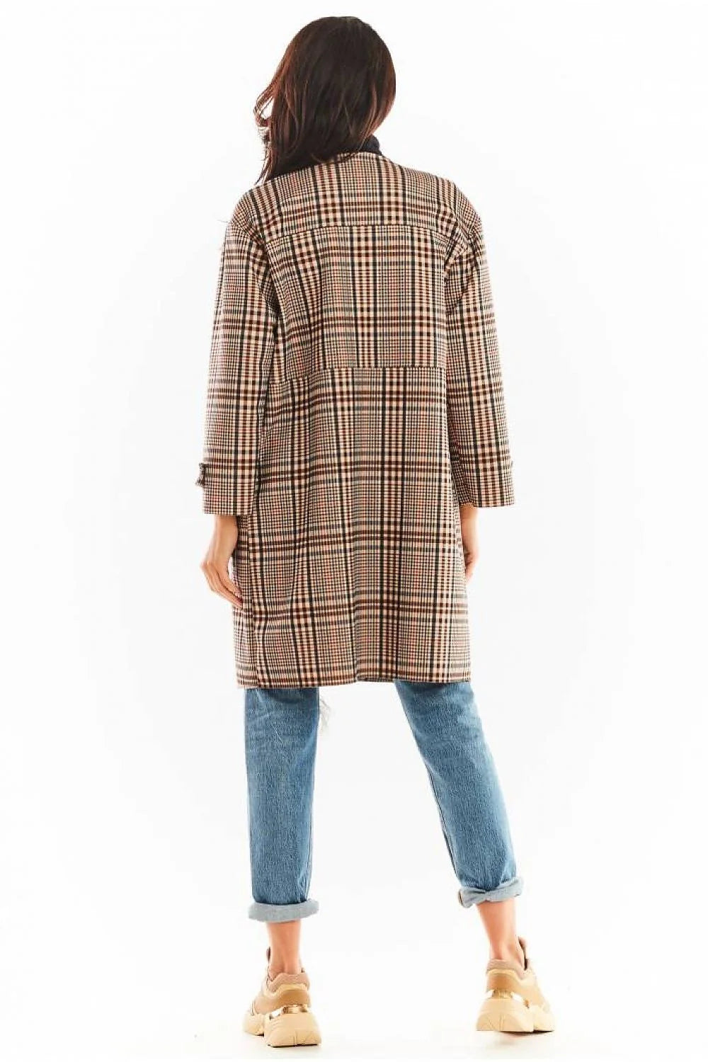 Manteau femme laine chic carreaux noirs blancs marron élégant automne hiver col rond tendance