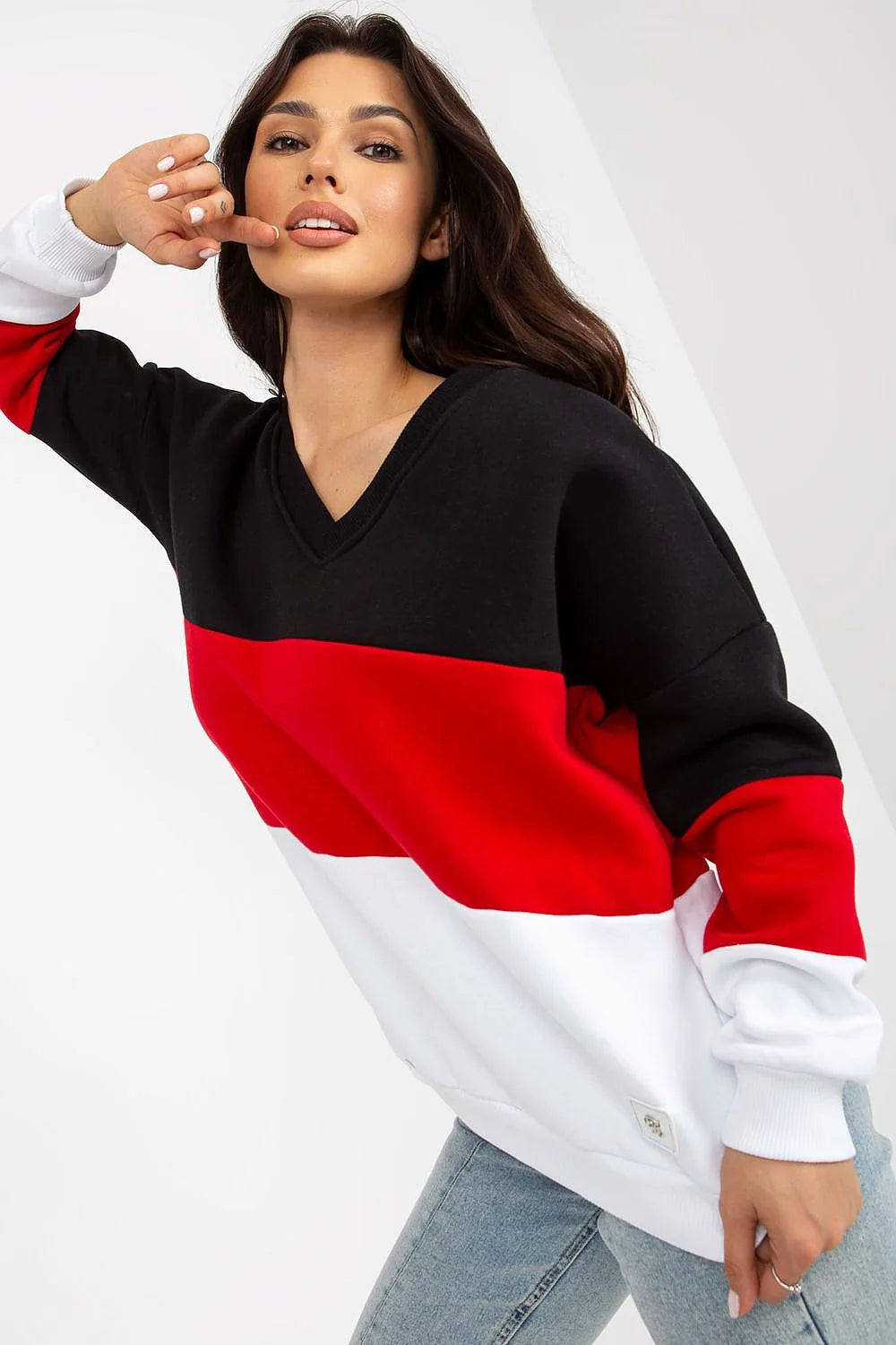 Sweatshirt femme color-block motif trois bandes manches longues encolure V coton doux coupe ample occasions quotidiennes mode tendance