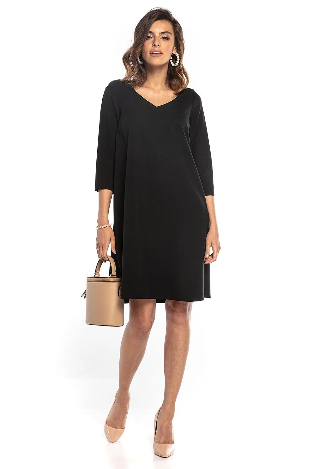 Robe élégante polyester noir coupe évasée manches 3/4 encolure V ceinture boucle mode femme