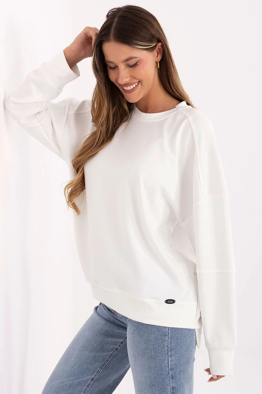 sweatshirt femme blanc col rond manches longues oversize coupe décontractée épaules tombantes molleton doux viscose elasthanne confortable léger