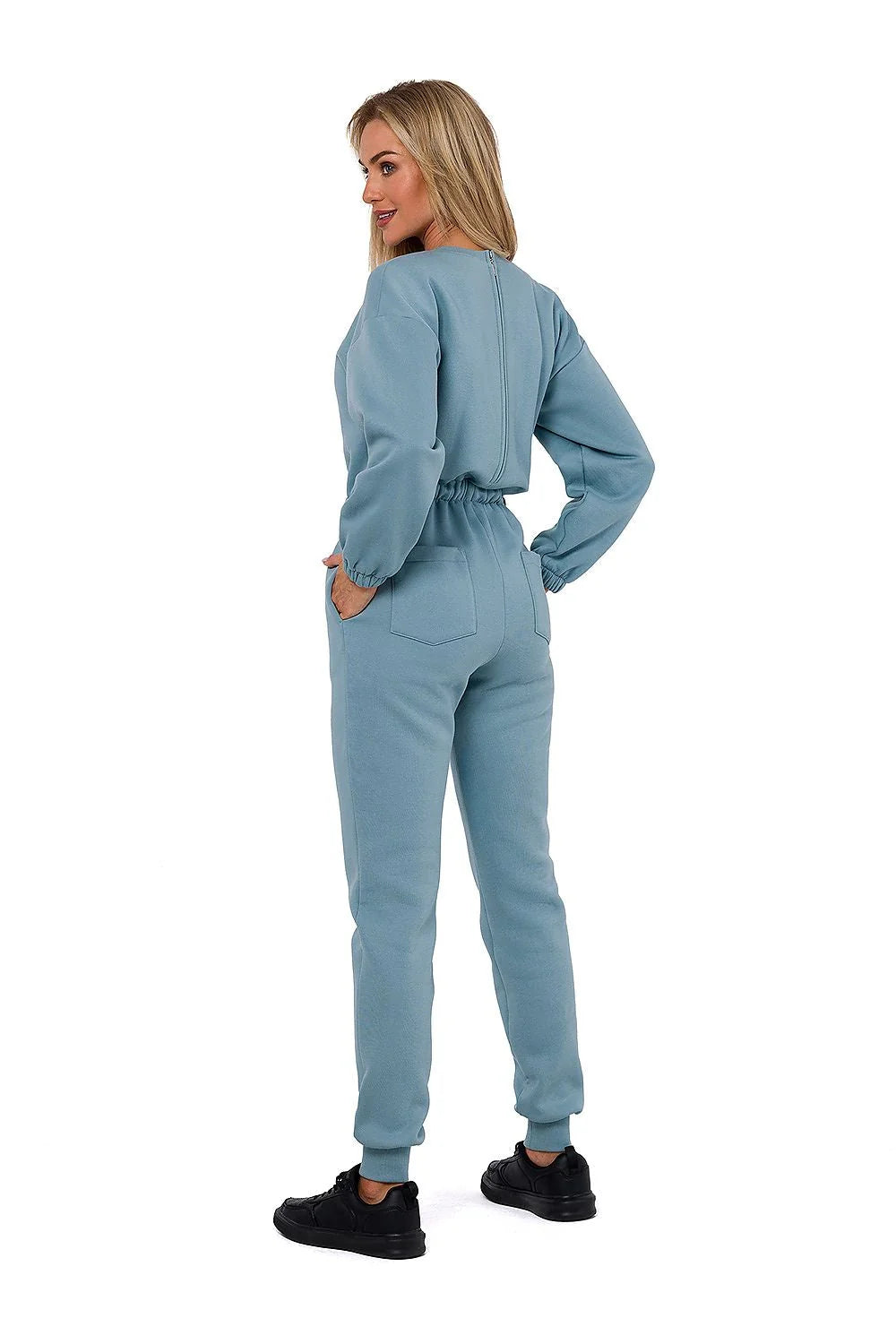 Combinaison femme confortable moderne bleu clair taille haute élastique manches longues pantalon assorti survêtement