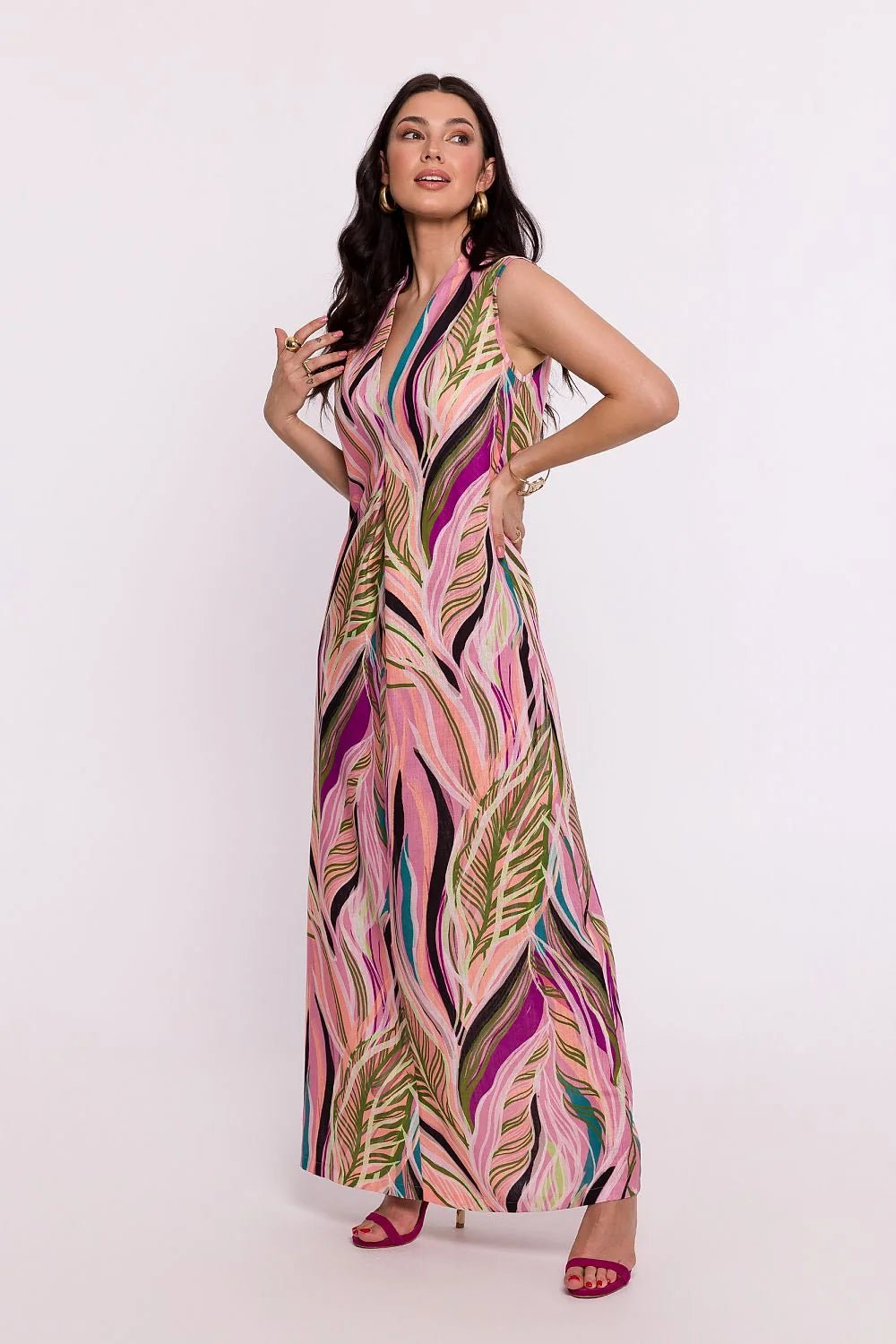Robe de jour Be Wear longue sans manches motif tropical couleurs vives col V tissu léger femme été soirée