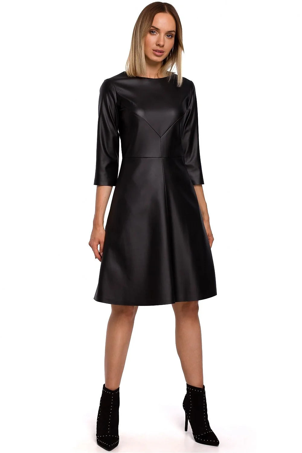 Robe élégante similicuir noir chic moderne manches trois-quarts taille ajustable pour femmes tendance 2023