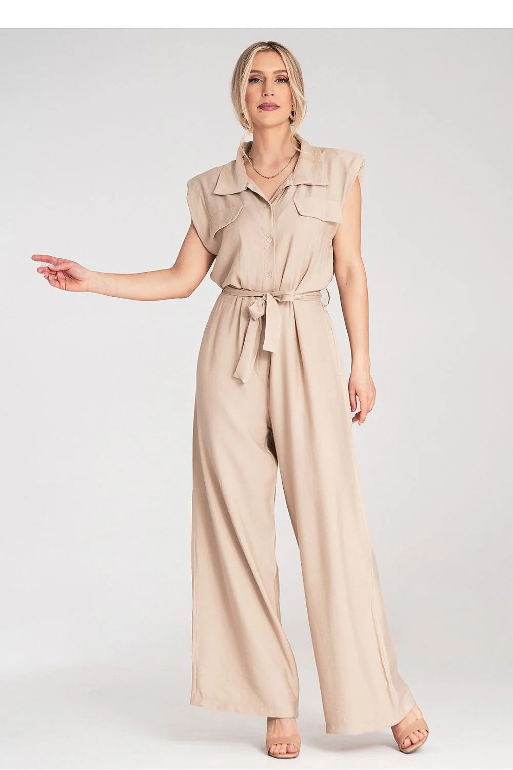 Combinaison élégante pour femme sans manches large ceinture viscose beige occasionnels décontractée chic