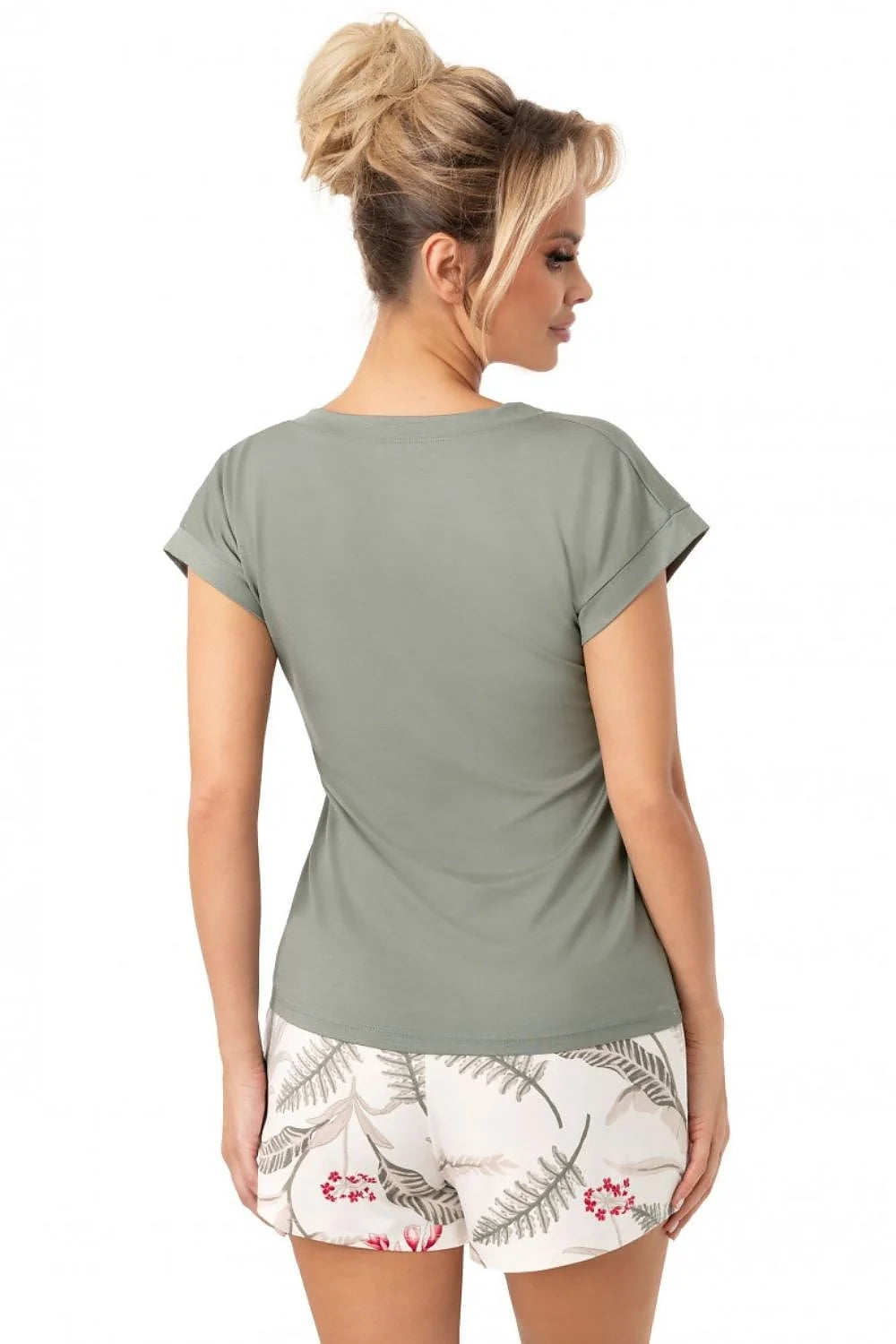 pyjama femme léger féminin jersey doux col V manches courtes coupe décontractée short imprimé botanique ivoire taille élastique nœud satiné