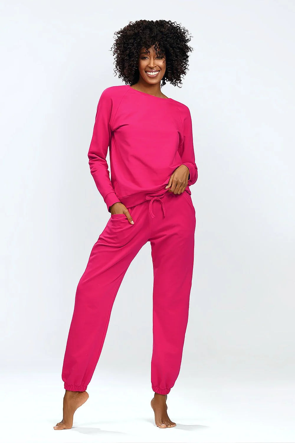 Ensemble DKaren pour femme, vêtement de détente, sweat-shirt manches longues, pantalon survêtement, couleur rose vif, style casual, confort optimal