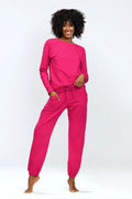 Ensemble DKaren pour femme, vêtement de détente, sweat-shirt manches longues, pantalon survêtement, couleur rose vif, style casual, confort optimal
