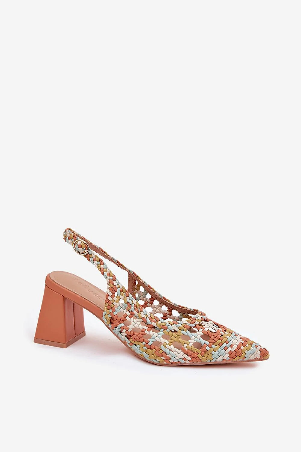 sandales talons bloc carré sept centimètres tressé multicolore bout pointu bride réglable boucle simili cuir semelle confortable durable bohème chic