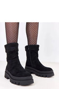bottines femme suédine noire cuir écologique doublure fausse fourrure semelle plateforme crantée épaisse talon 6cm fermeture zippée latérale