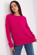 pull tricoté femme manches longues côtelé fuchsia oversize col rond coupe droite ample maille douce viscose