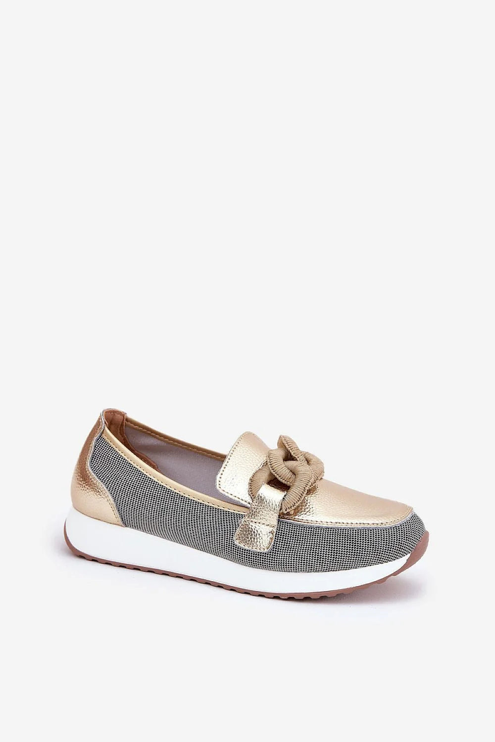 Mocassins femmes métalliques dorés style urbain design audacieux chaines dorées plateforme confortable semelle épaisse beige