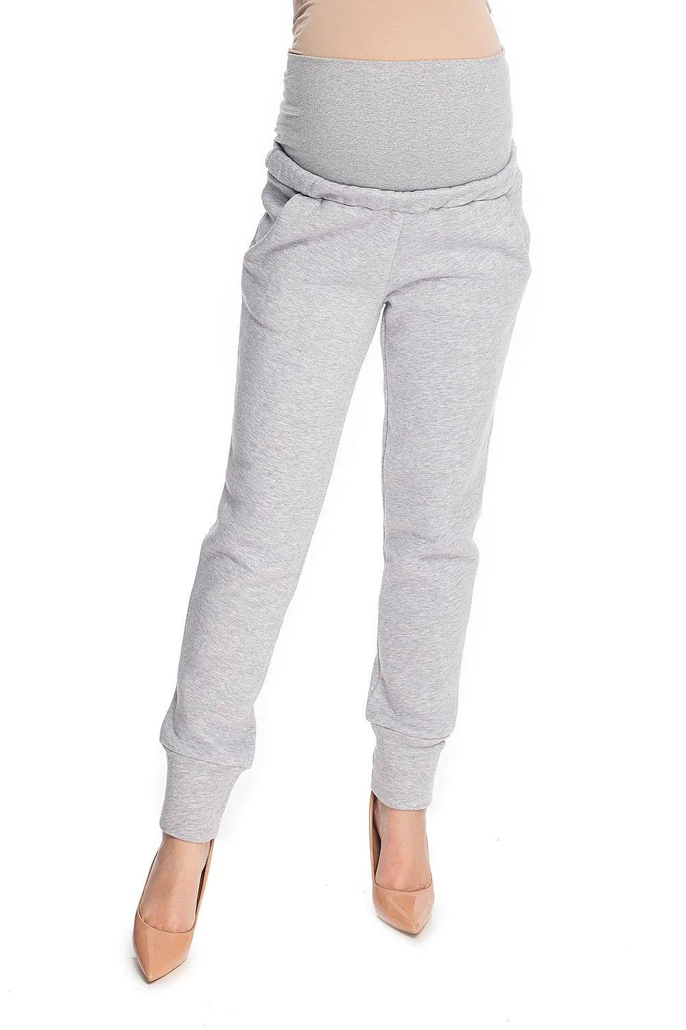 Pantalon maternité coton extensible confortable coupe ample gris chiné ceinture élastique haute futures mamans