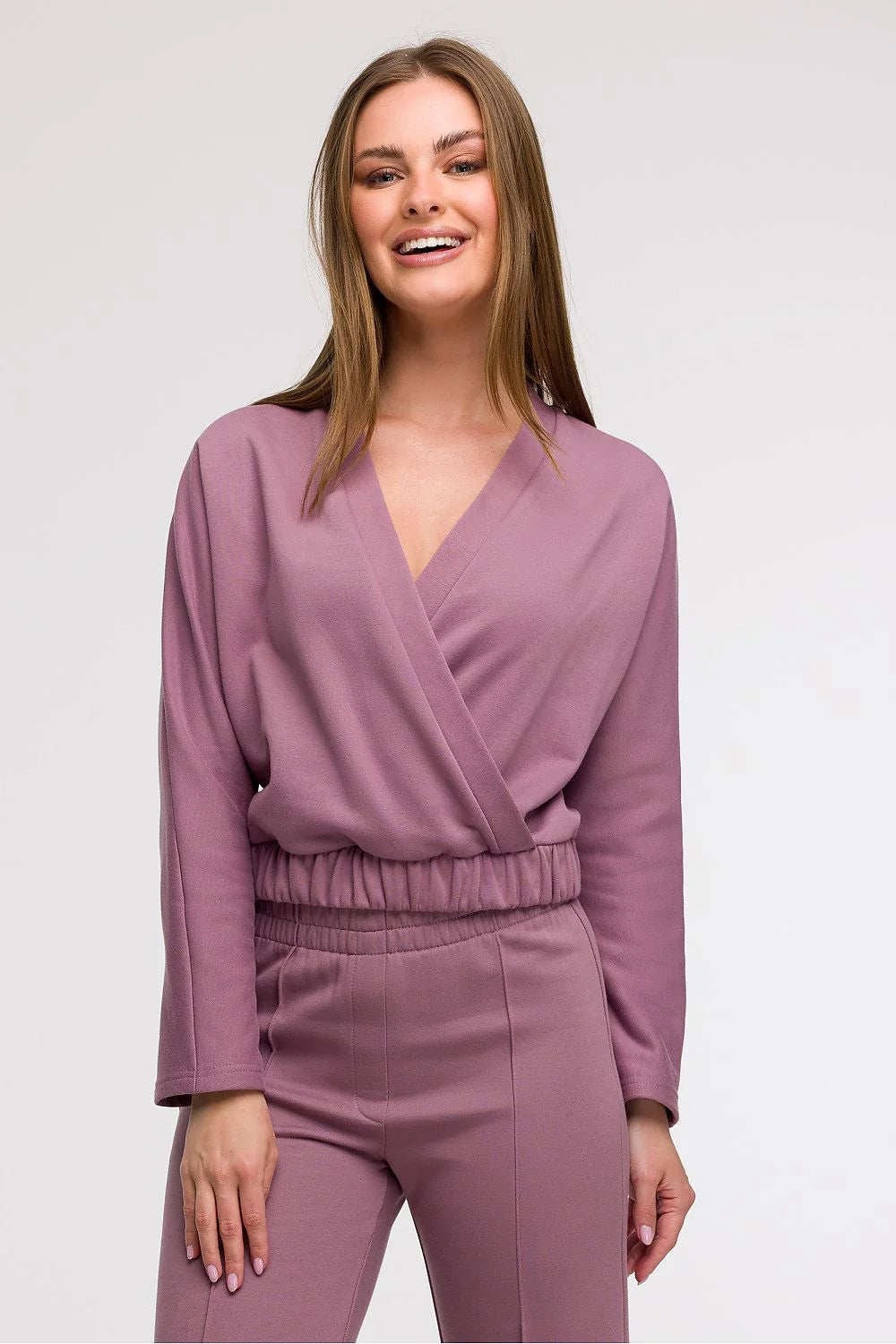 ensemble femme cache coeur profond V pantalon taille haute élastique lavande tricot doux extensible drapé fuselé couture centrale élégant confortable