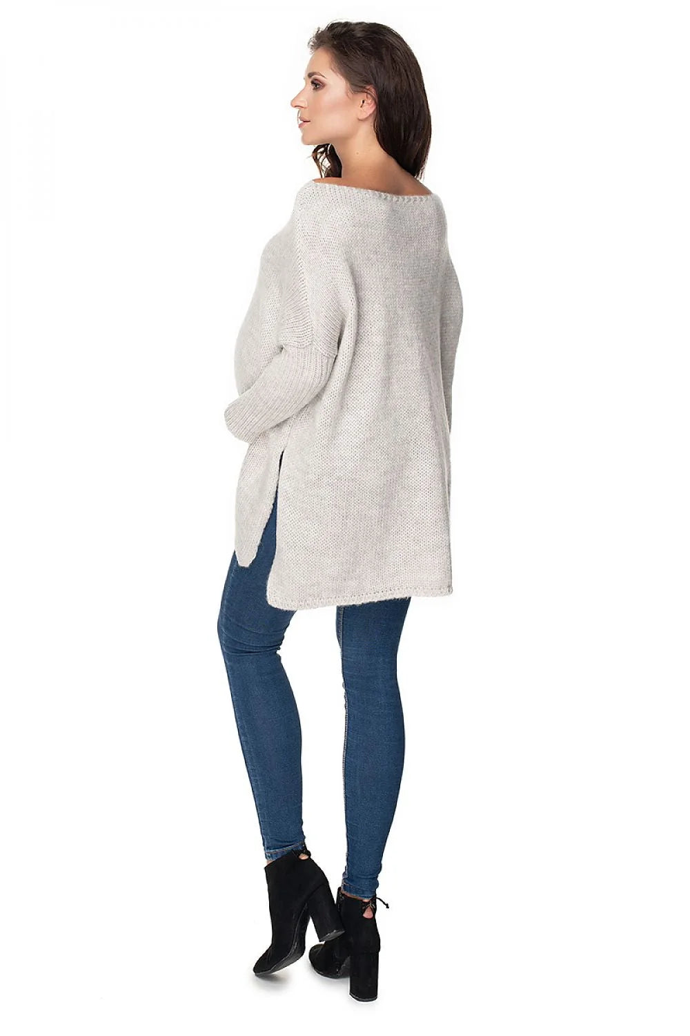 pull oversize femme long tunique maille tricotée crème col bateau torsadé vertical coupe ample manches longues fentes latérales douceur maternité