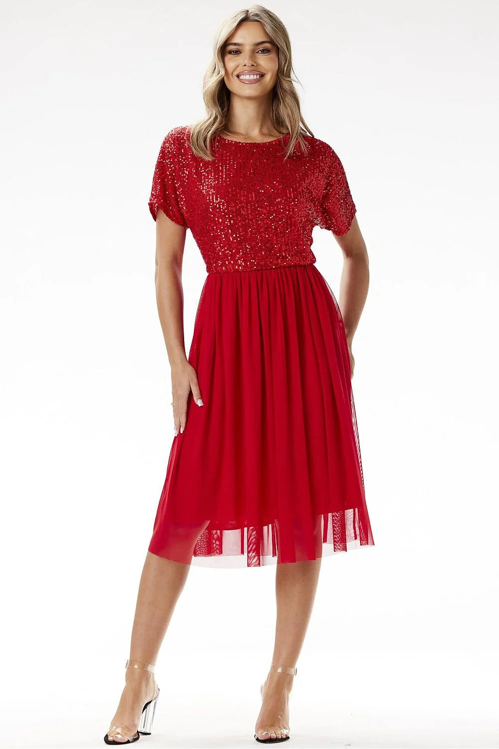Robe de soirée élégante en sequins et tulle couleur rouge taille ajustable pour femme occasion spéciale