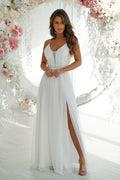 robe longue blanche romantique dentelle tulle organza bretelles fines décolleté plongeant bustier brodé empiècement illusion jupe fluide fente cuisse haute