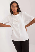 Chemisier Lakerta blanc floral appliqué perle-detail manches courtes col rond tissu polyester femmes élégant versatile moderne