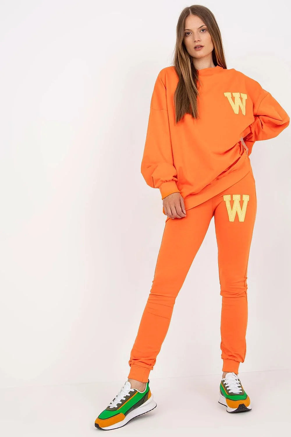 ensemble sportswear femme jaune canari oversize sweat manches longues legging slim taille élastique coton élasthanne molleton poches appliqué W orange