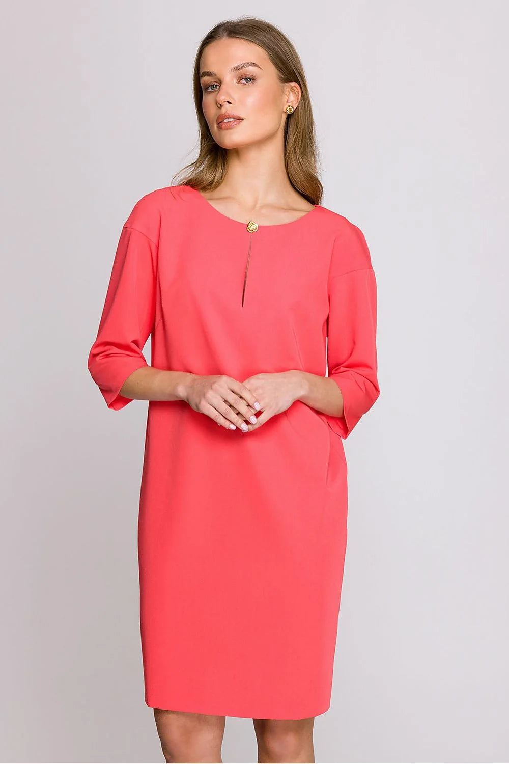 Robe de jour Stylove légère confortable coupe ample genou manches 3/4 décolleté élégant fermeture éclair fente sans doublure haute qualité Pologne