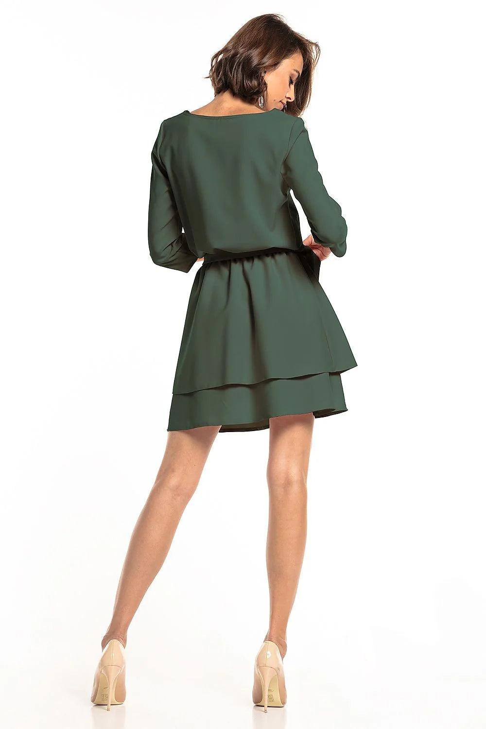 Robe élégante polyester vert foncé ajustée ceinture volants manches trois-quarts pour occasions spéciales femmes