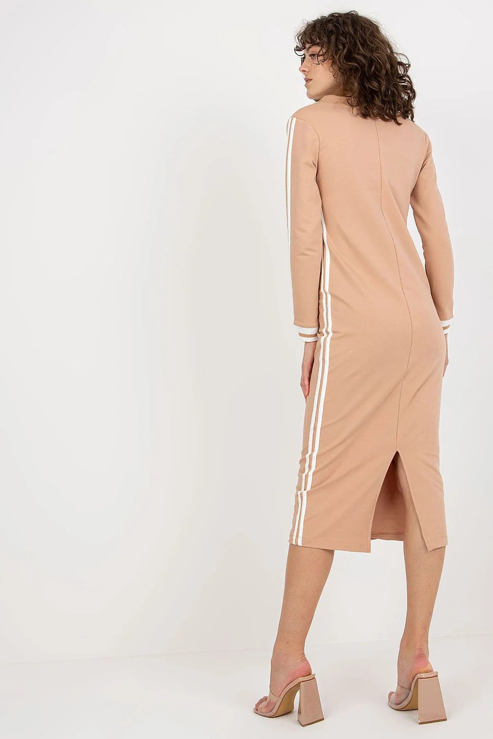 Robe de jour Fancy longue manches longues en V contrastante coton élasthanne femme élégance polyvalente