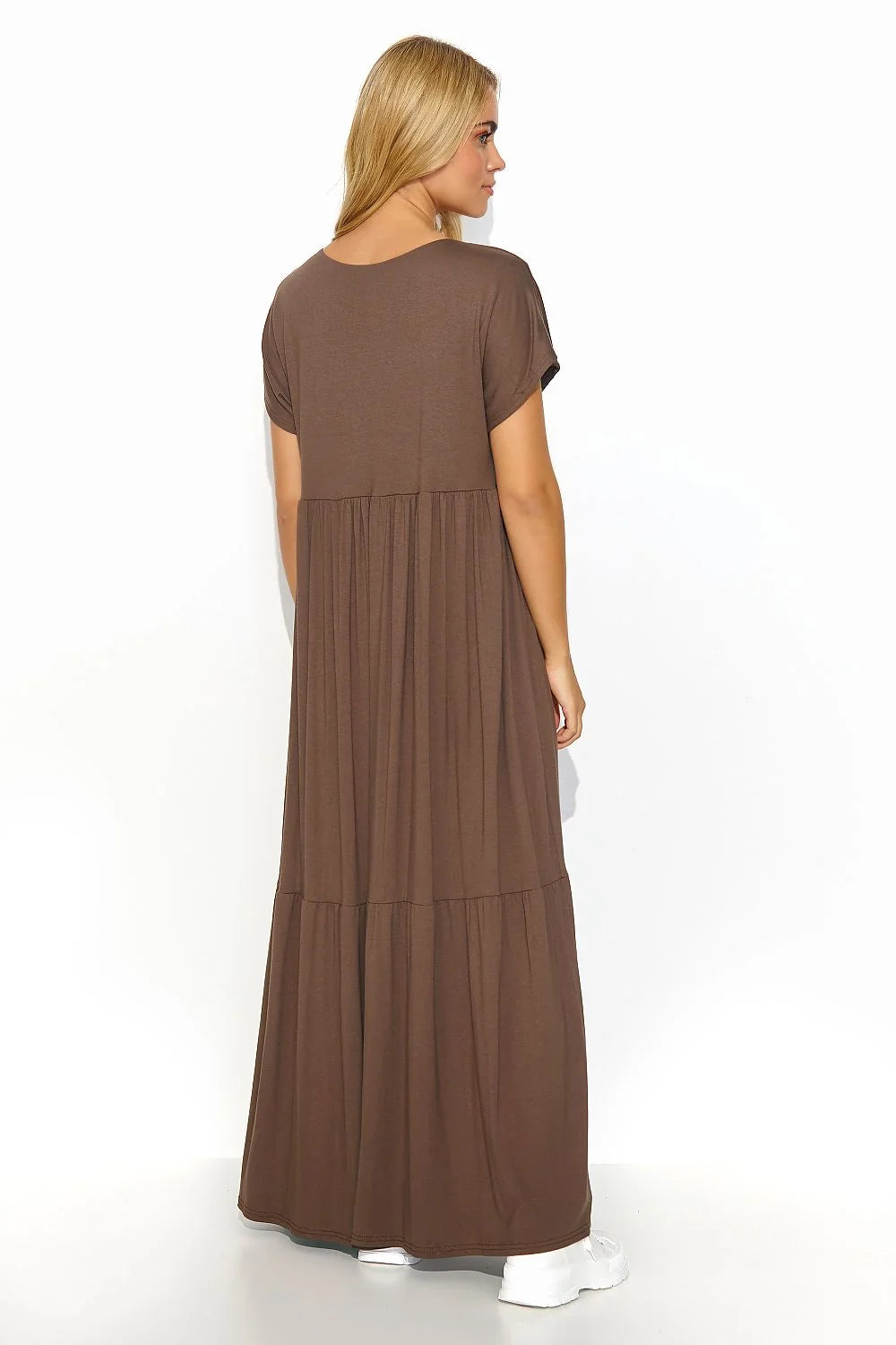 robe longue maxi marron Makadamia fluide légère jersey bohème ample empire froncée col V manches courtes volants ruches