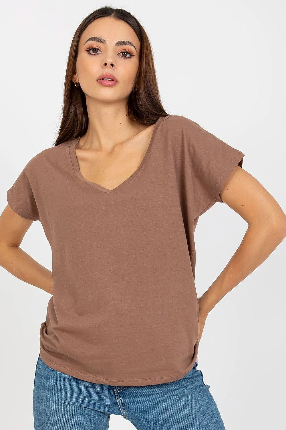 T-shirt femme décontracté couleur marron terre V-neck coton élasthanne loose quotidien