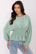 Chemisier Sublevel sage vert court élégant polyester manches longues bouffantes ceinture smockée taille ajustable femme
