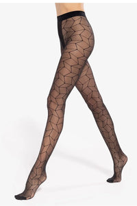 collants femme mosaic 05 effet 3D cube géométrique noir tulle fin élasthanne taille haute ceinture élastique opaque entrejambe confortable