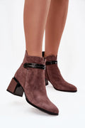 Bottines Femme Suède Vieux Rose Marron Bout Pointu Sangle Décorative Cuir Verni Boucle Talon Bloc Stable Confort Élégant