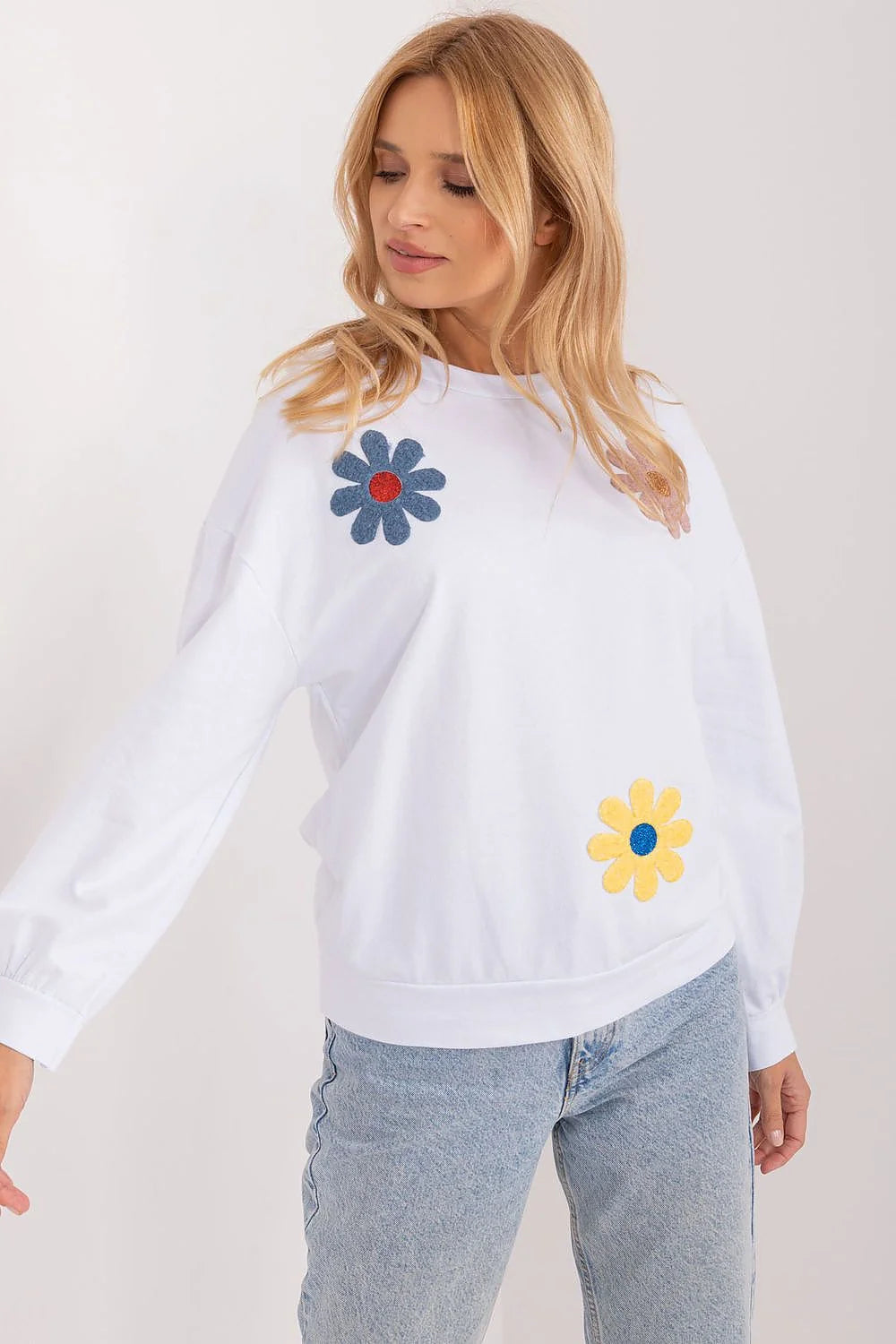 sweatshirt femme décontracté motif floral multicolore coton respirant manches longues coupe ample col rond poignets bordés appliqués fleurs doux