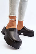 Clacquettes Step in style sabot moderne femme cuir noir plateforme épaisse semelle crantée logo subtil