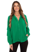 sweat femme zippé capuche oversize vert émeraude molletonné coton élasthanne confortable manches longues poches kangourou bords cotes poignets