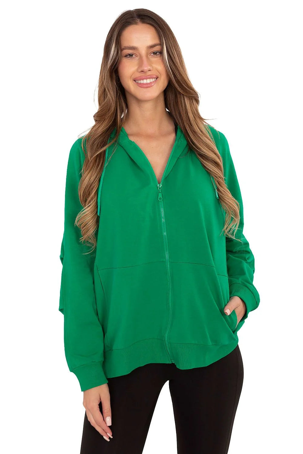 sweat femme zippé capuche oversize vert émeraude molletonné coton élasthanne confortable manches longues poches kangourou bords cotes poignets