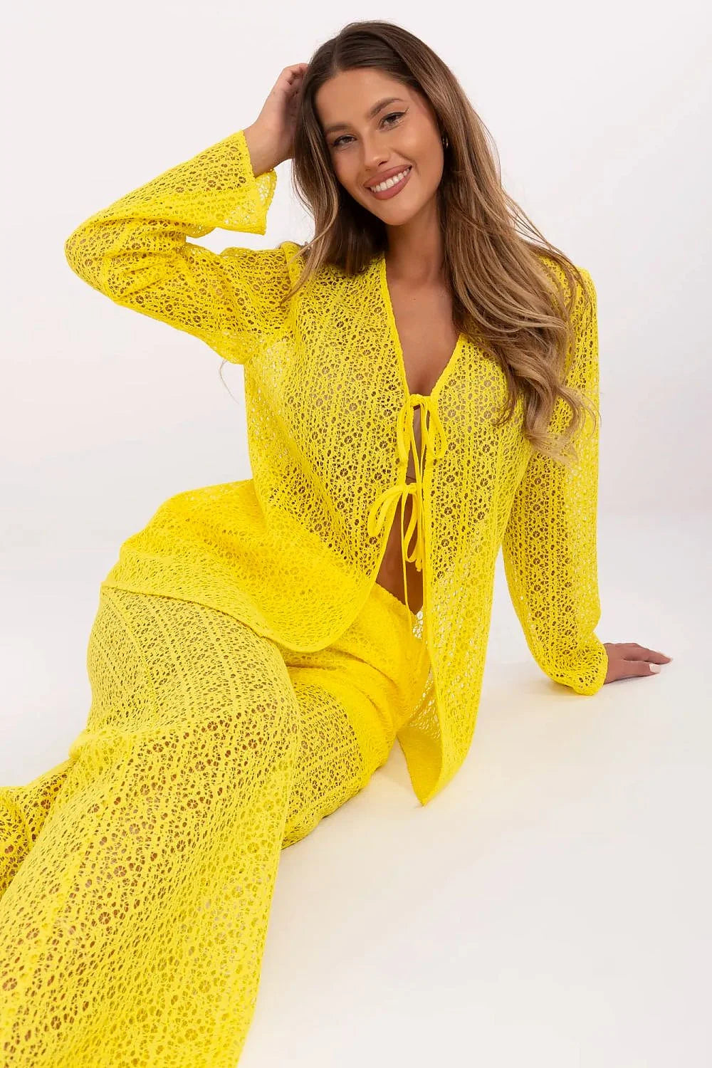 Ensemble féminin Lakerta dentelle jaune vif été plage haut manches longues pantalon taille haute
