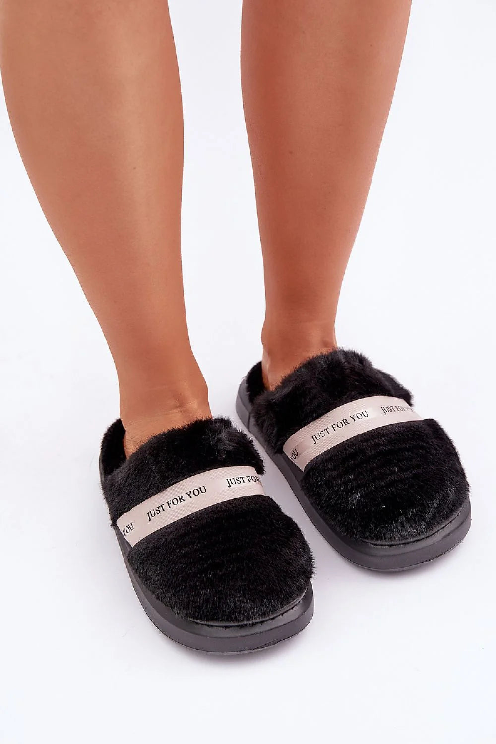 Pantoufles en fourrure douce pour femmes, style élégant, intérieur confortable, semelle épaisse, noir beige, JUST FOR YOU, idéal hiver maison cadeau