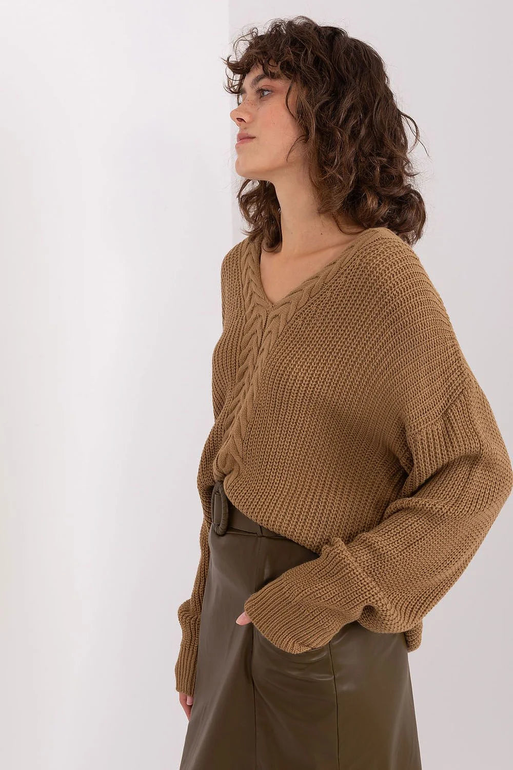 Pull femme Chandail Badu design élégant col V maille épaisse texture douce manches longues coupe ample